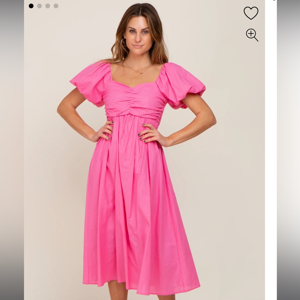 • NEW • PinkBlush Pink Sweetheart Neck Puff Sleeve Linen Midi Dress Size Large